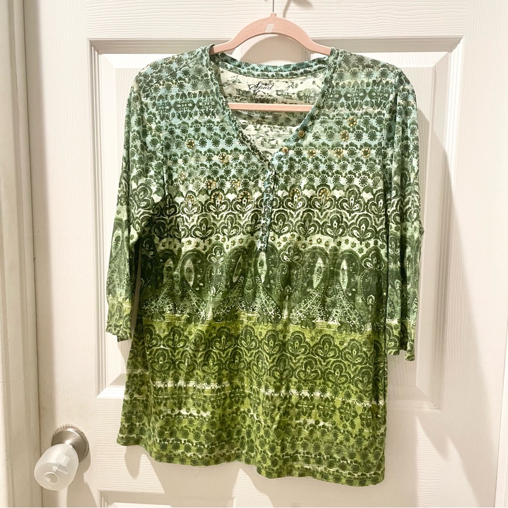 Style & Co Sport Green Patterned Tunic Top